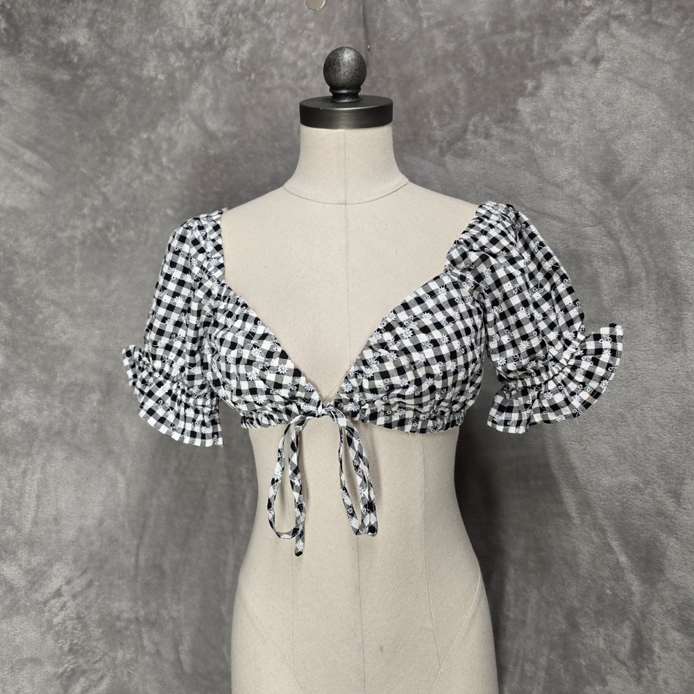 Ramona Crop Top Women Medium Gingham Embroidery Puff Coquette Cottagecore Boho